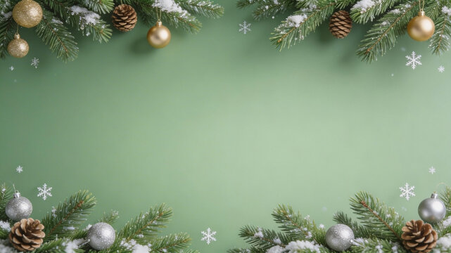 Elegant Winter Frame Background with Gold and Silver Ornaments, Pinecones, and Snow. Christmas Background, Christmas, Christmas Tree, Merry Christmas, Christmas Wallpaper