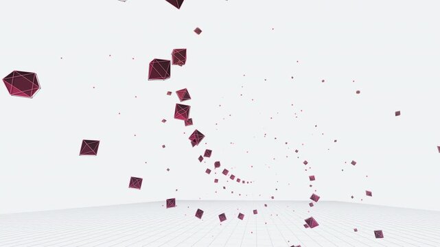 An infinite mechanical corridor of floating crimson and obsidian octahedrons gliding seamlessly toward the viewer. Perfect for corporate tech presentations, data architecture visuals, and smart city 