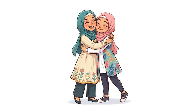 Warm embrace between two cheerful young women in hijabs, symbolizing heartfelt friendship and unity in a vibrant, joyful illustration