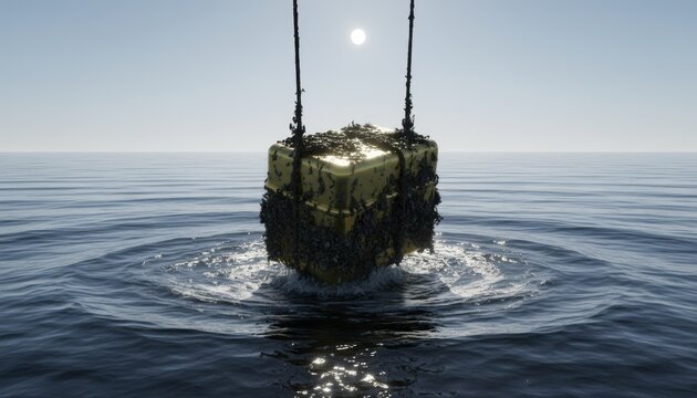 Barnacle Covered Gold Cube Lifting From Ocean Water Under Clear Sky