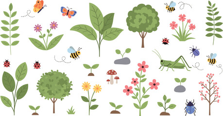 Garden Nature Elements Vector Set with Plants Trees Flowers Insects Butterflies Bees and Grasshopper Cute Botanical Spring Collection Illustration © Vector Design Hub