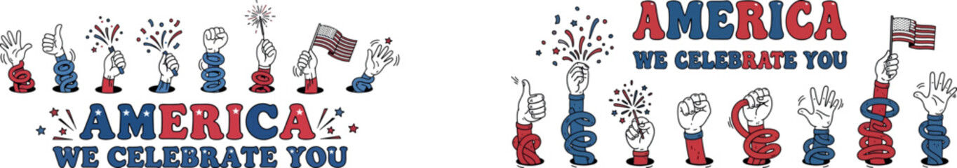 A colorful patriotic banner celebrating America with fireworks and stars