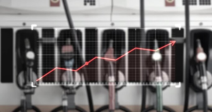 Fuel pump nozzle cabinet at petrol station, overlaid with rising data graph illustrating increasing fuel prices and crude oil market trends. Represents global surge in petrol and energy prices.