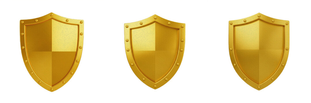 Set of Three Polished Golden Medieval Shields - Sleek 3D Knight Defense Icons for Cyber Security, Gaming UI, Protective Branding, and Royal Heraldic Graphic Design Elements.