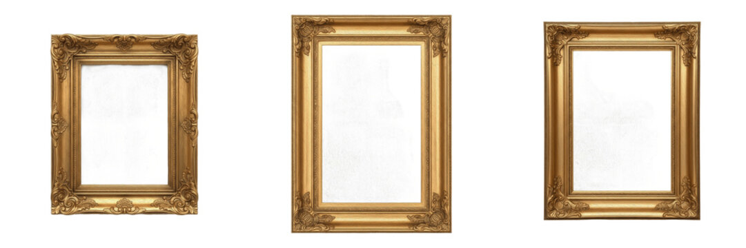 Ornate Gold Picture Frames Set - Elegant Antique Style Gilded Borders for Portraits and Fine Art Gallery Display, Vintage Baroque Design Wall Decor Elements on White Background.
