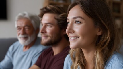 Obraz premium A smiling family of three an older man a young man and a young woman are sitting together on a couch looking in the same direction