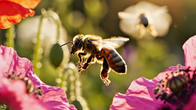 A busy honey bee gracefully hovers among vibrant poppy flowers, bathed in warm sunlight, highlighting the essential role of pollinators in a thriving natural ecosystem