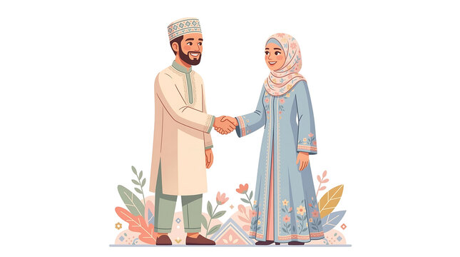 Muslim couple in traditional attire shaking hands in a friendly greeting during a festive occasion, celebrating unity and togetherness