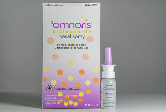 Omnaris ciclesonide nasal spray 50 mcg metered spray Corticosteroid for nasal use 120 sprays. Medication for allergy symptoms reducing inflammation: Toronto, Ontario, Canada - December 2, 2025