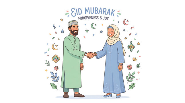 Eid Mubarak greeting between two people sharing joy and forgiveness, celebrating the festive occasion with cultural attire