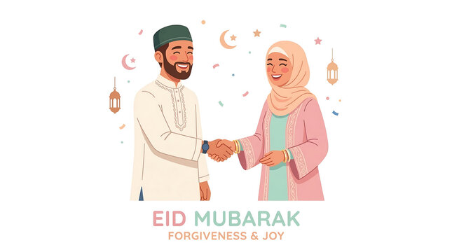 Smiling Muslim man and woman joyfully sharing a handshake during Eid, symbolizing peace, forgiveness, and the spirit of community celebration