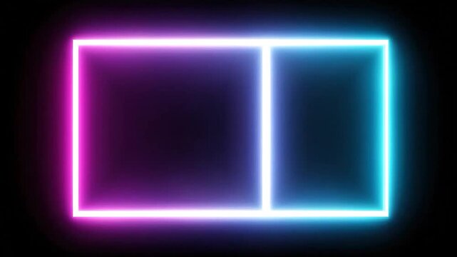 Abstract glowing geometric shapes with vibrant neon light outlines on black