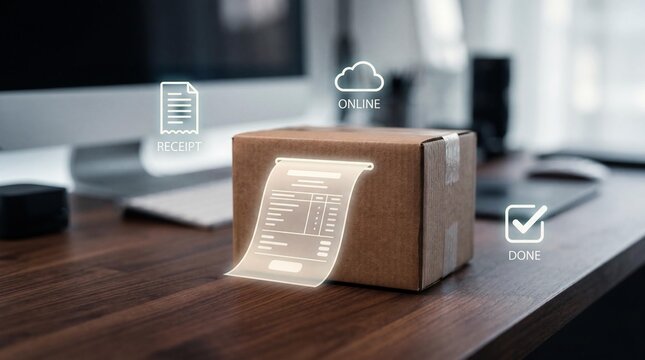 Brown cardboard box with shipping label on office desk with online delivery icons