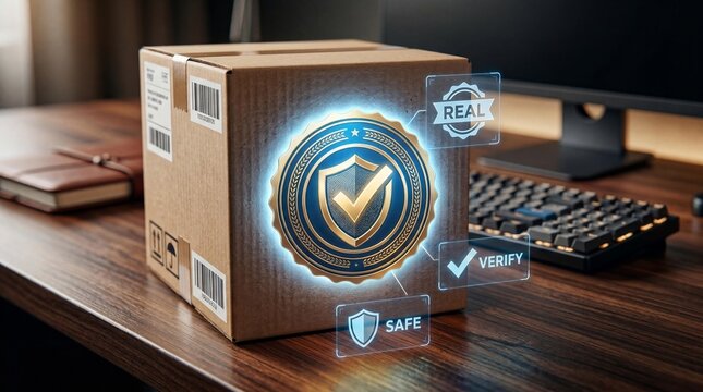 Verified safe delivery package with glowing security seal on office desk with keyboard and monitor