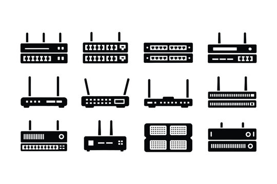 Various router and modem icons in black on white background for network illustration