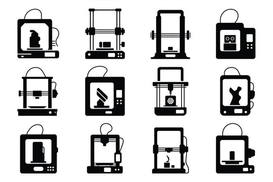 3d printer icons with various objects being printed on white background