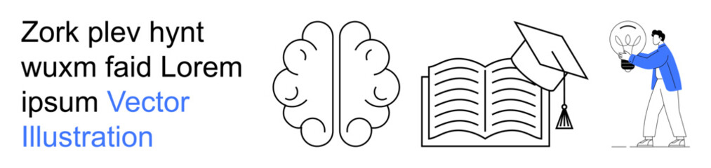 Fototapeta premium Education, creativity, knowledge sharing, innovation, learning, science. Brain, open book person holding lightbulb. Education and creativity through symbols of learning