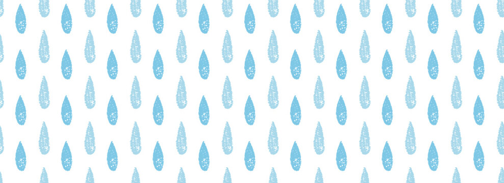 Seamless blue raindrop pattern on white background. Hand drawn crayon texture with rough grain.
