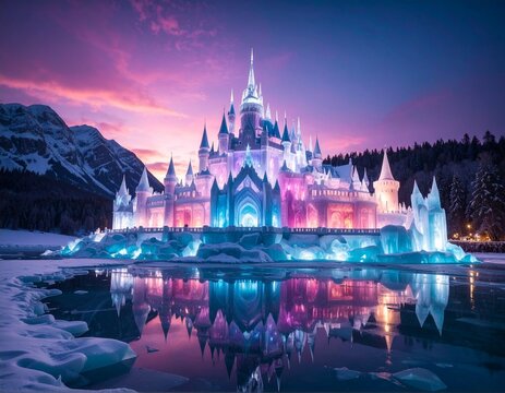 Magical glowing ice castle reflecting on frozen lake at dusk during winter festival, enchanting fantasy scene