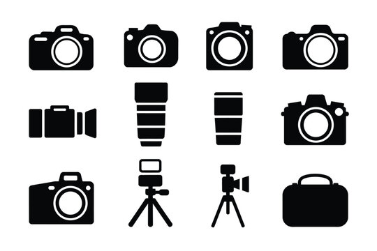 Black camera icons set with photography equipment on white background