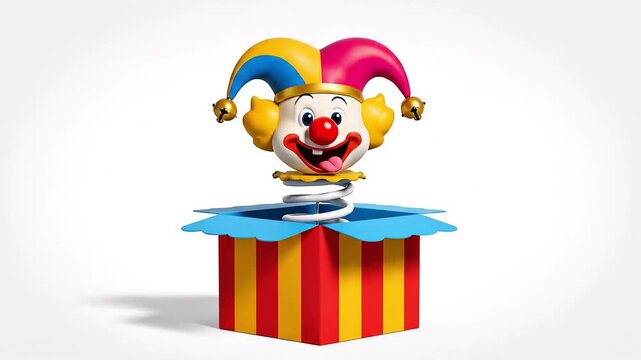 A cheerful clown popping out of a colorful jack-in-the-box, ready to entertain and surprise with a wide smile and jester hat