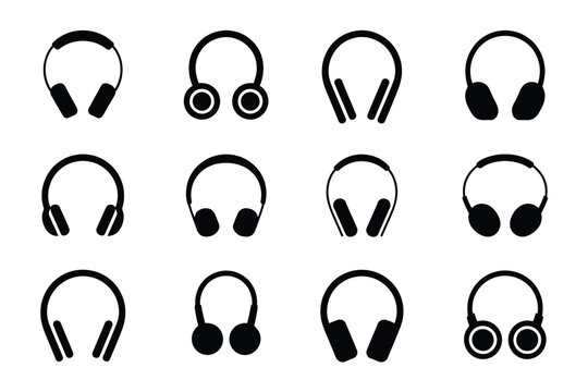 Black headphones icons set for music and audio equipment on white background