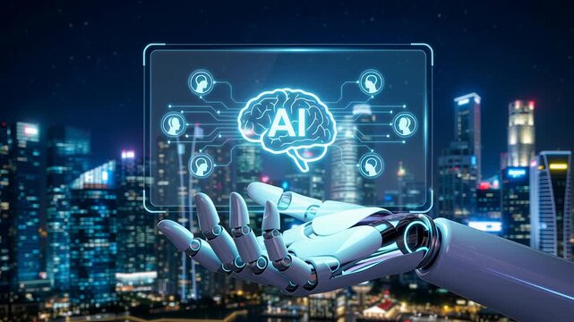 Artificial intelligence digital brain and robot hand showing ai symbol for career transition workforce automation technology innovation network icons futuristic cityscape night