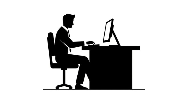 Silhouette of a businessman working on computer at office desk
