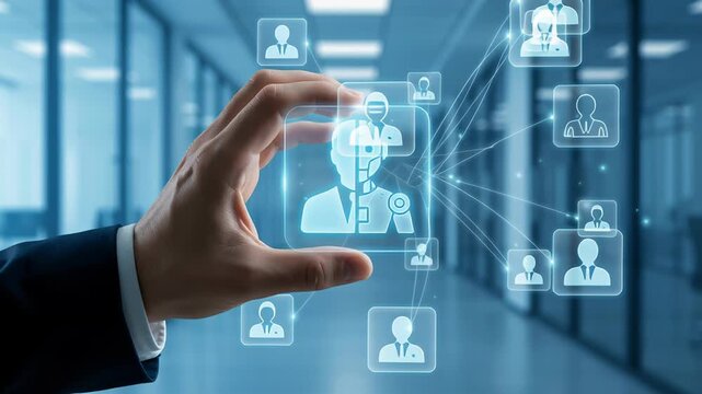 Digital AI career transition automation workforce concept showing hand selecting robotic employee icon collaboration impacting employees adapting to robotic