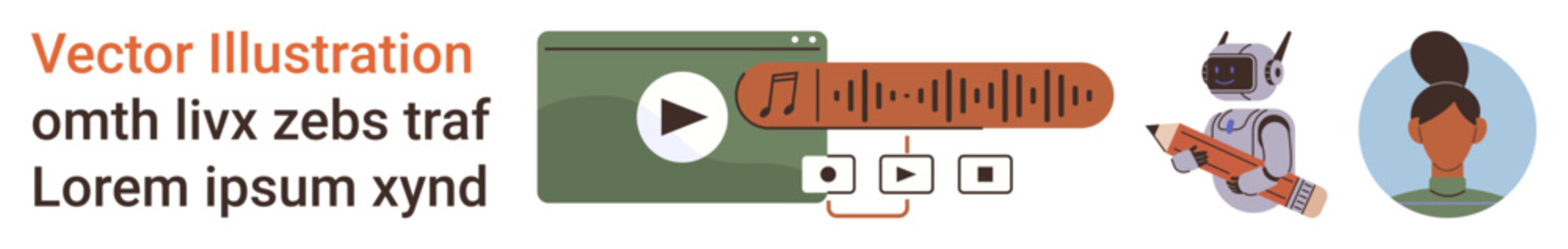 Audio technology, voice assistants, media streaming, podcast content, digital interactions, modern AI. Media player interface, soundwaves robot and human profile. Audio technology and voice