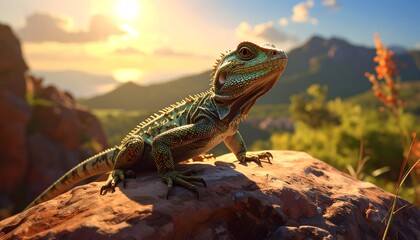 Fototapeta premium A green lizard on a rocky outcrop with a mountain range