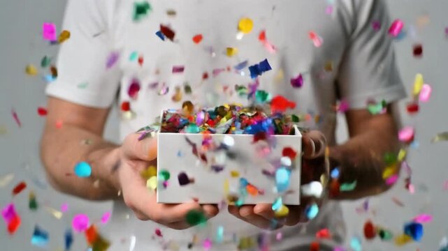 Man holding a white gift box with colorful confetti exploding from it, celebrating a festive occasion
