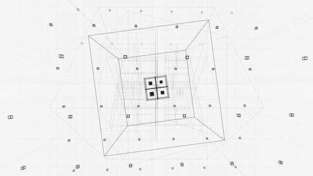 Macro-scale wireframe grid undergoes recursive octree subdivision, visualizing dynamic load balancing and scalable network infrastructure. Perfect for enterprise IT and data center brand films.