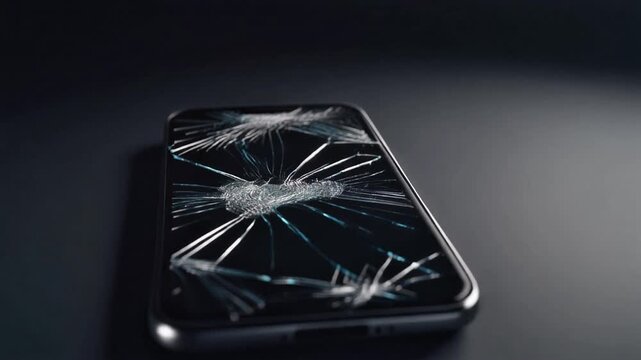 Close-up of a smartphone with a severely cracked screen, depicting damage and repair needs