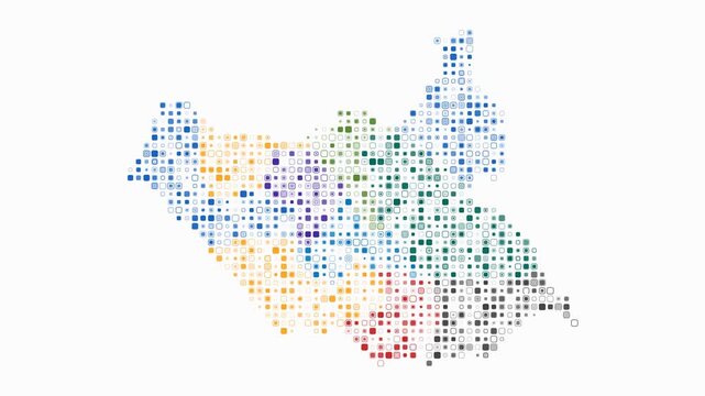 South Sudan animated country shape. Pulsating colored dots on the map of the country. Small size rounded square blocks. Digital style South Sudan map on white background. Modern animation video.