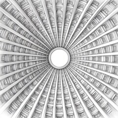 Fototapeta premium Symetryczny widok z dołu na kopułę z okulusem, przedstawiający geometryczne wzory i architektoniczną precyzję w czarno-białej estetyce.