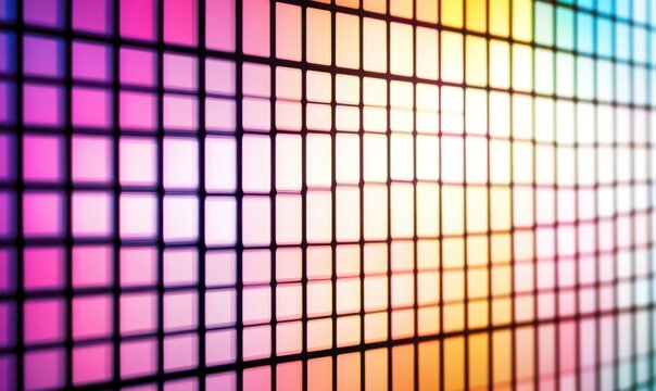 Kolorowa ściana LED z kwadratowymi panelami tworzącymi jasny gradient barw w perspektywie, idealna jako tło cyfrowe lub element scenografii.