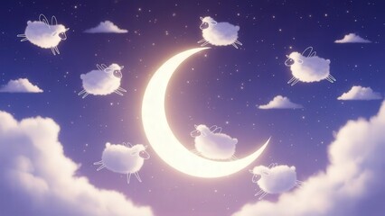 Naklejka premium Dreamy night sky with fluffy sheep leaping over a glowing crescent moon and soft clouds.