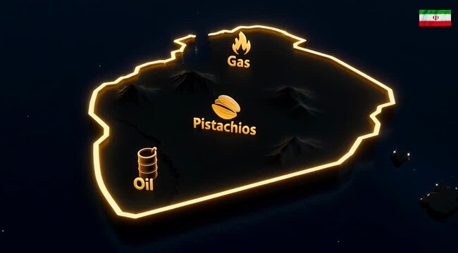 Glowing neon map of Iran with oil gas pistachios labels, Iranian flag, energy agriculture export sectors illustration