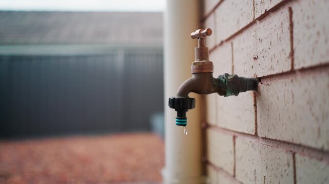 Close-up of a leaking garden tap on a brick wall in a suburban backyard, water droplets slowly forming and dripping, soft natural light.