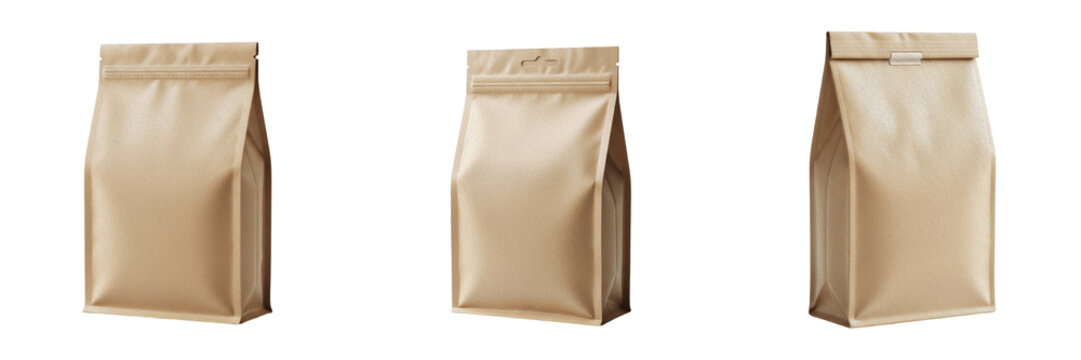 Kraft Paper Side Gusset Pouch Mockup Set, Realistic Brown Coffee Bag Template for Food Packaging, Blank Block Bottom Bag for Tea, Flour, and Snacks, 3D Rendering, White Background
