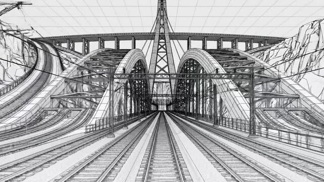 Railway bridge architecture, perspective view, blueprint sketch, engineering concept
