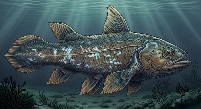 A detailed side view of a coelacanth fish swimming through clear ocean water with light rays