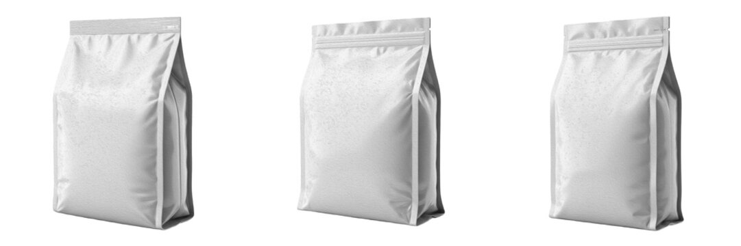 White Side Gusset Pouch Mockup Set, Realistic Matte Coffee Bag with Tin Tie, Blank Foil Food Packaging Template for Tea, Flour and Snacks, 3D Standing Block Bottom Bag on White Background