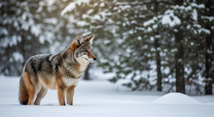 Obraz premium A wild coyote standing in a snowy forest during winter with thick fur
