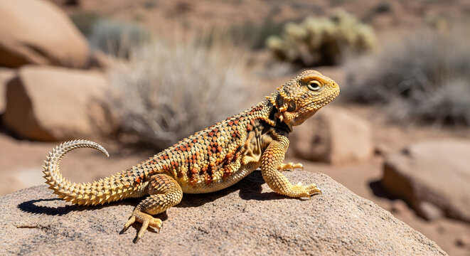 A spiny-tailed lizard resting on a rock in a dry desert environment