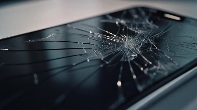 Close-up of a shattered smartphone screen, showcasing extensive cracks and damage to the display