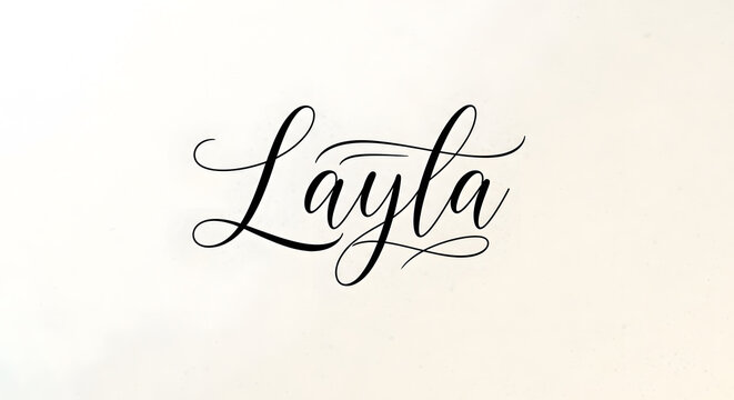 Elegant black ink script of the name Layla with decorative swirls on a textured off-white background