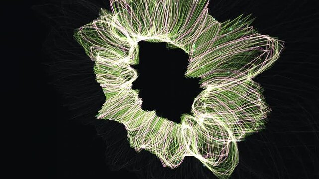 Seamless 4K loop of ionized particles flowing in helical strands along a glowing torus, violently disrupting in turbulent plasma zones before snapping back. Ideal for tech, AI, and science 