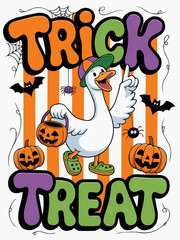 Naklejka premium Cute halloween trick or treat goose wearing a witch hat with pumpkins bats and colorful hand drawn lettering on white background for apparel stickers party decorations greeting cards and prints